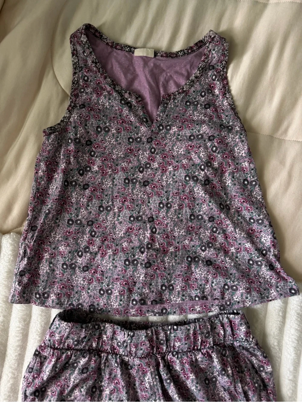 Pact Organic Cotton Floral Pajama Set Purple Tank And Shorts Pockets